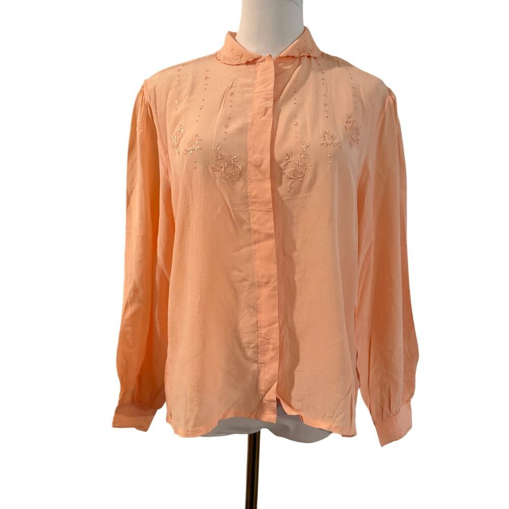 Vintage 100% Silk Peach Embroidered Peasant Blouse XL Cottagecore Romantic Boho